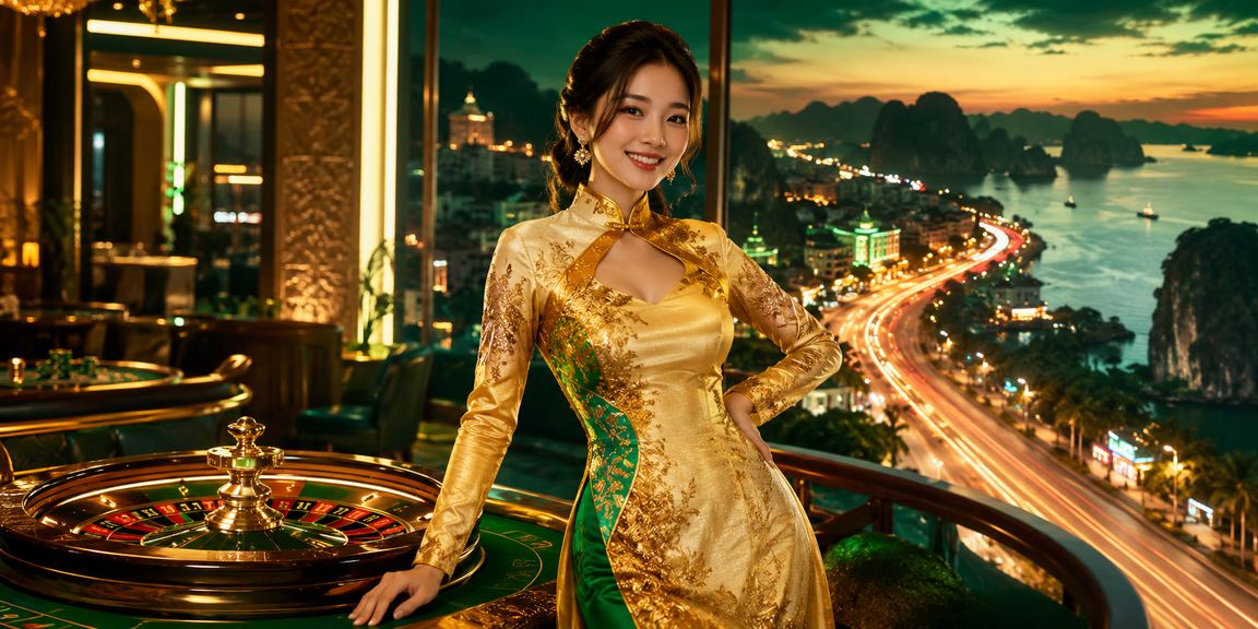 Người dùng chơi Roulette trực tuyến tại Vịnh Hạ Long trong trang phục áo dài truyền thống Việt Nam