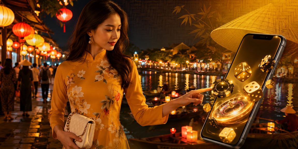 Người dùng trải nghiệm casino di động tại Hội An với trang phục truyền thống nón lá Việt Nam