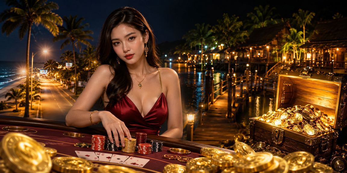 Người dùng tại Mũi Né chơi Baccarat trực tuyến trên điện thoại gần bãi biển buổi tối